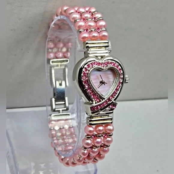 Womens Watch 24mm Heart Faux Pearls Crystals Bracelet Pink Mother Of Pearl Runs main image 5